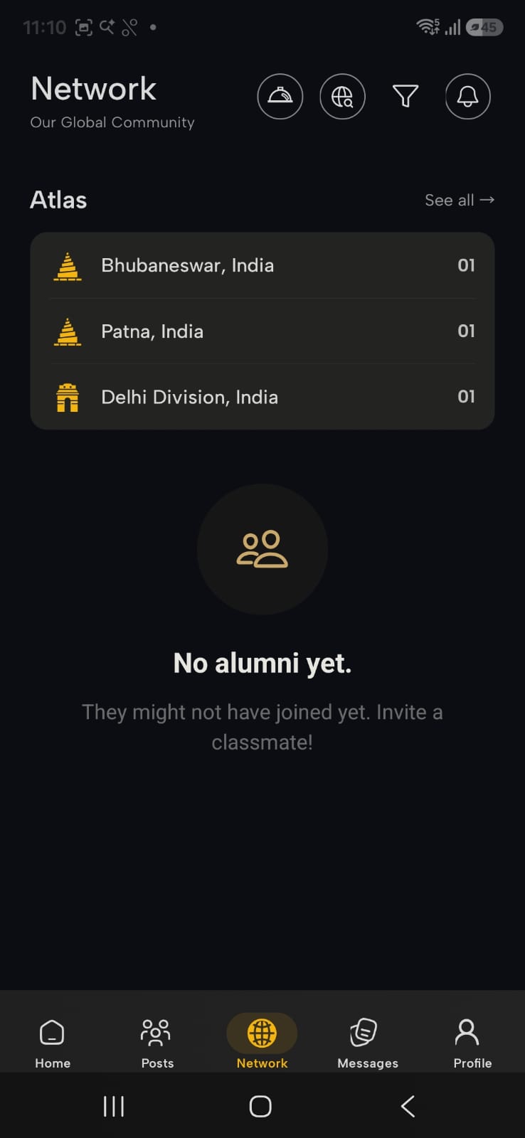 Alumnest Network screen showing the Atlas of alumni by city