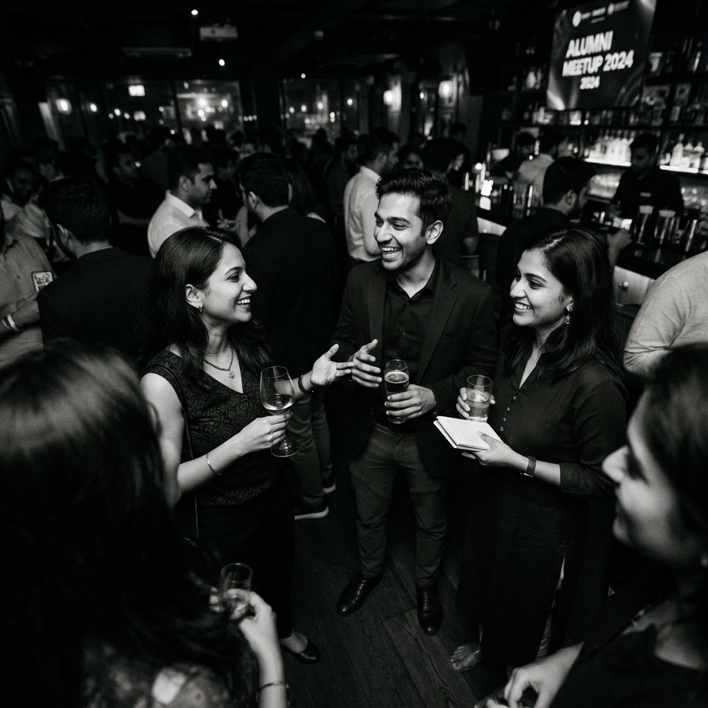 Professionals networking at an alumni meetup event