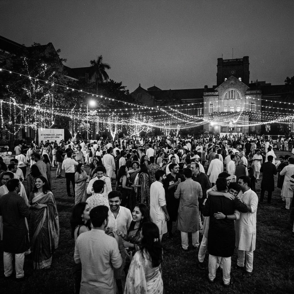 A large college gathering on a campus lawn at dusk